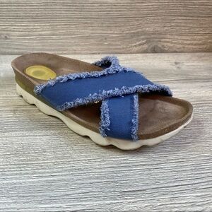 Blue denim criss cross slip on comfort slides Ethem by Genuins size 7